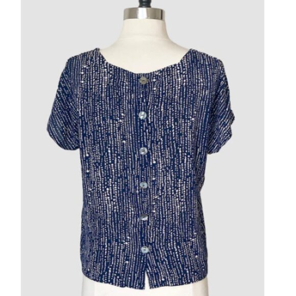Navy Blue Bubble Print Button Back Square Neck Tee, Medium NWT - Picture 3 of 4
